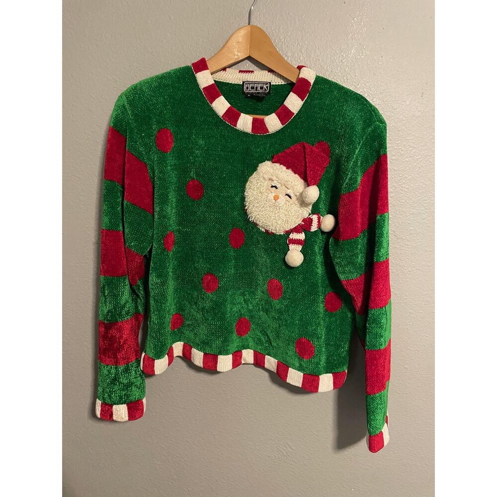 Berek Christmas Sweater Womens Large Green Red Santa Polka Dot Ugly Holiday 90s